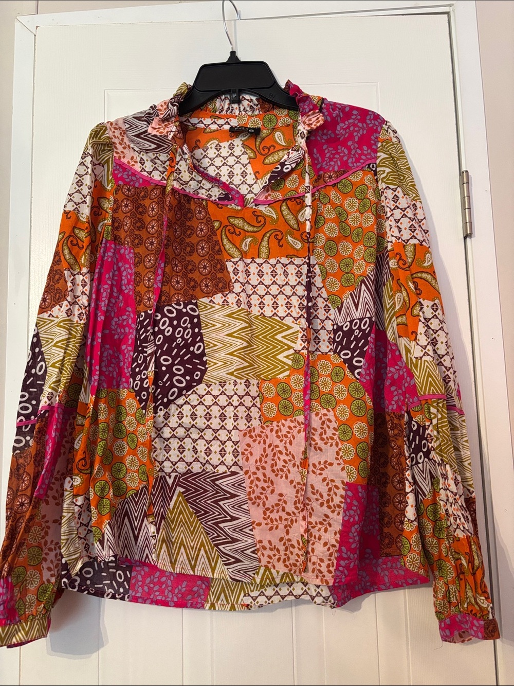 Fate Patchwork Button-Down Blouse in Pink, Orange & Brown